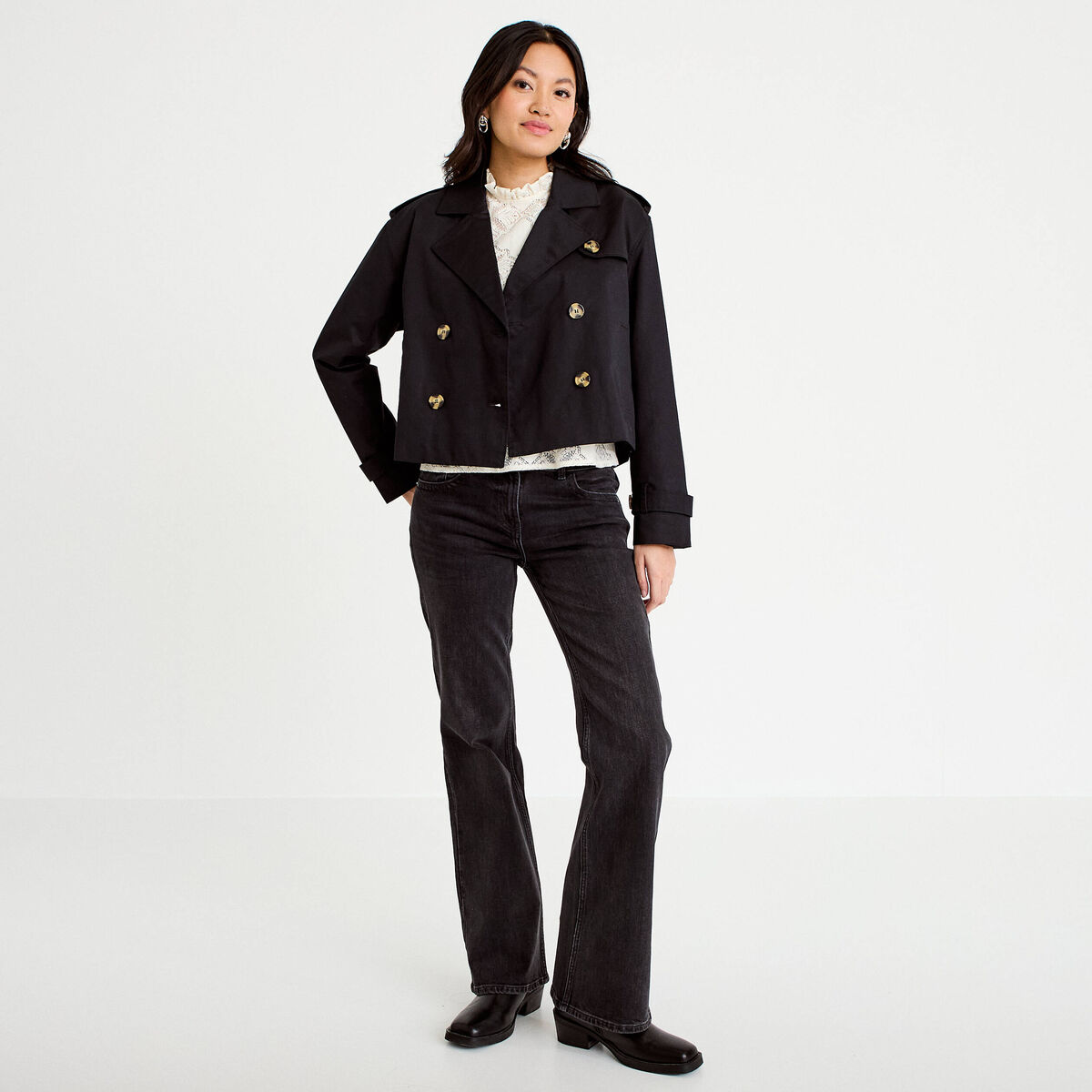 Trench droit court col tailleur noir femme