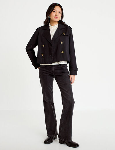 Trench droit court col tailleur noir femme