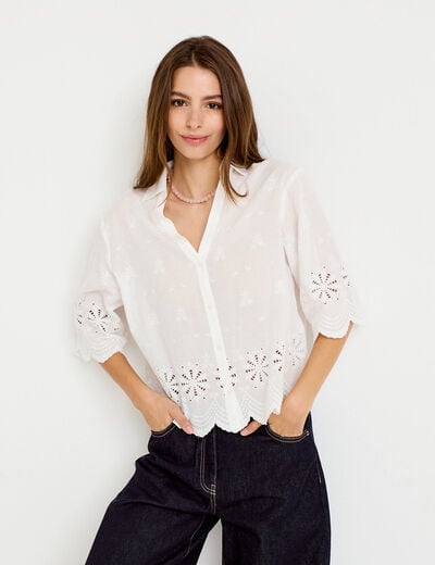 Chemise droite col classique manches 3/4 ecru femme