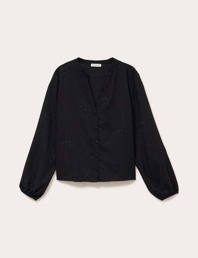 Blouse brod&eacute;e col V noir femme
