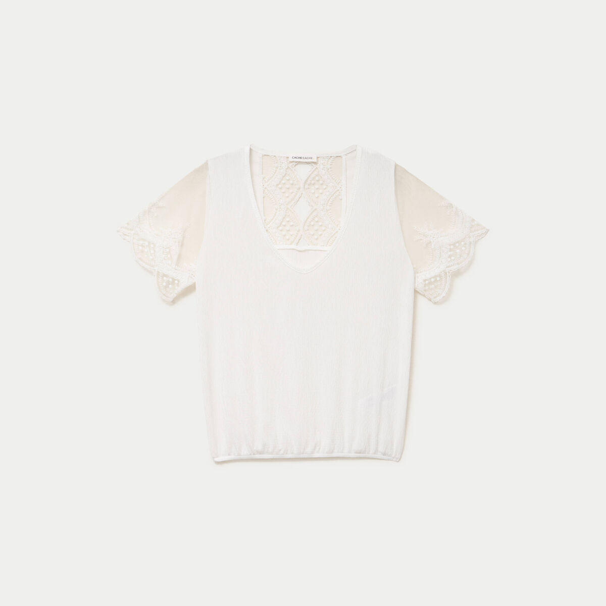 Blouse col v manches courtes dentelle ecru femme