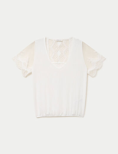 Blouse col v manches courtes dentelle ecru femme