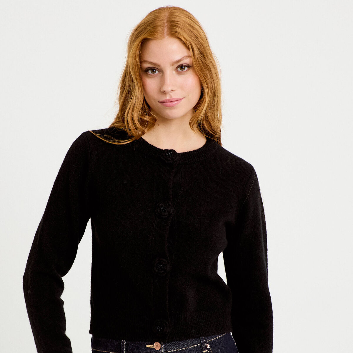 Gilet manches longues col rond noir femme