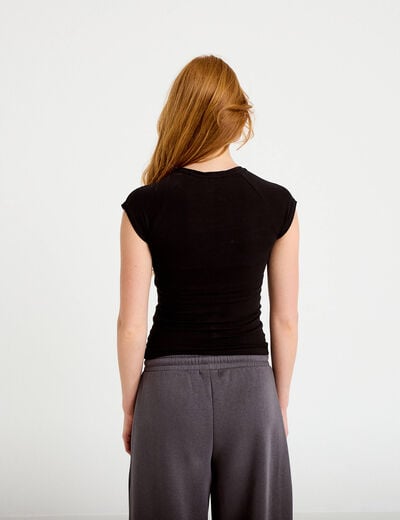 T-shirt ajust&eacute; court col rond noir femme