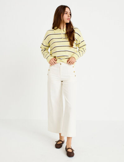 Pantalon taille haute velours ecru femme