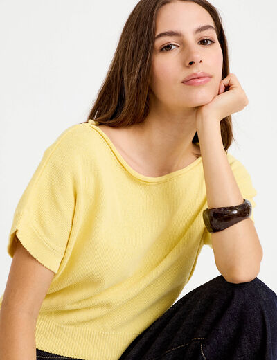 Pull ample cropped manches courtes jaune pastel femme