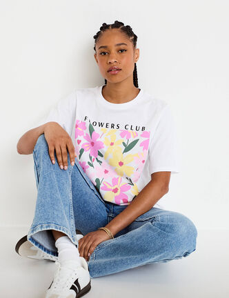 T-shirt manches courtes print fleurs blanc femme