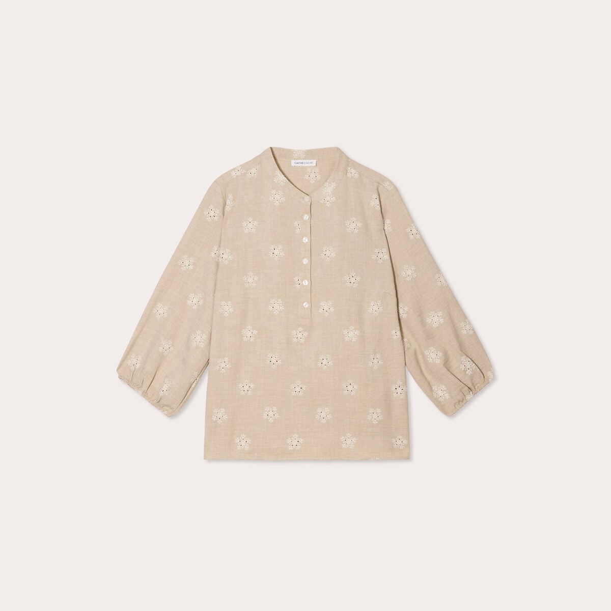 Blouse manches 3/4 brod&eacute;e taupe femme