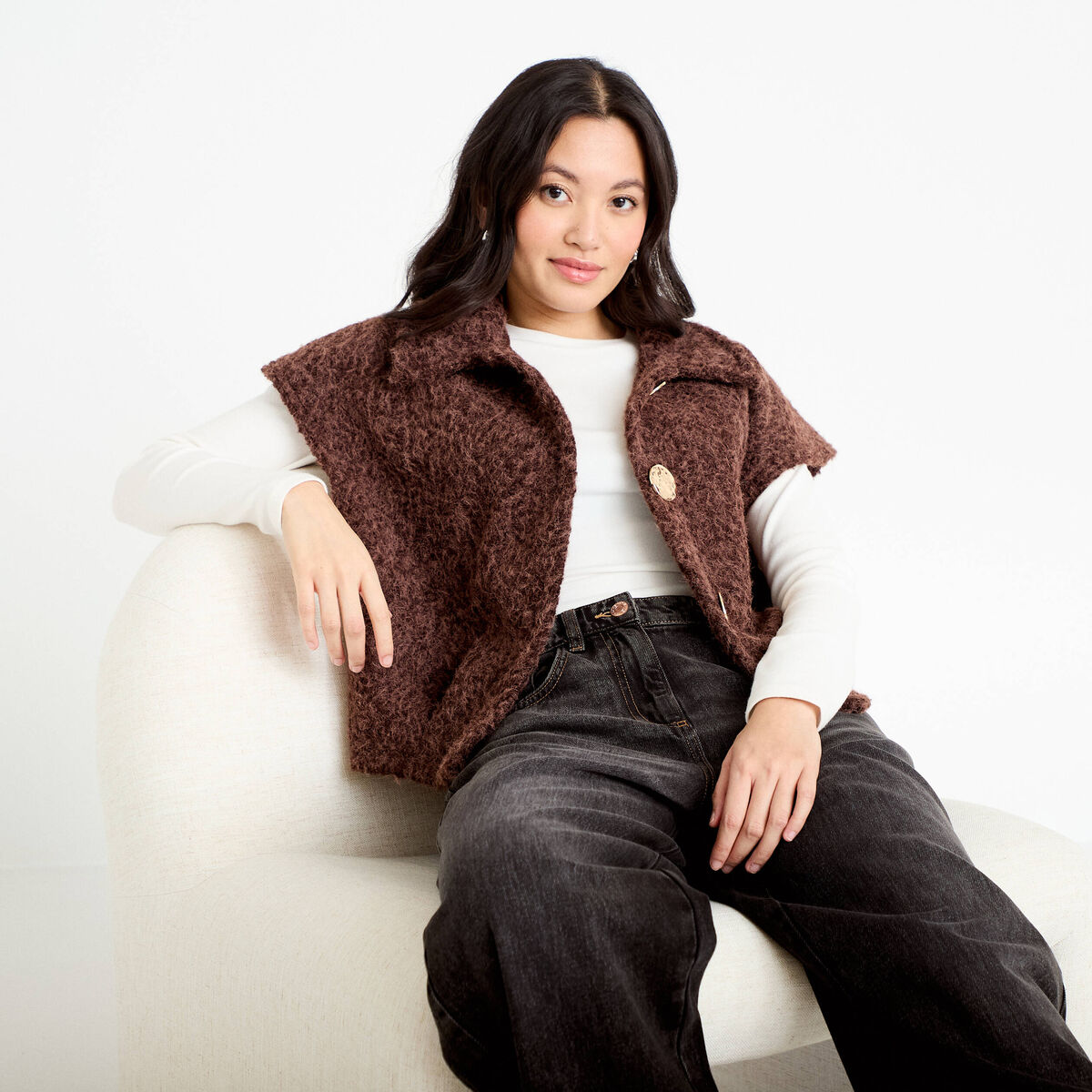 Veste sans manches bouclette col rond marron clair femme
