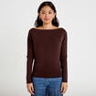 T-shirt col bateau manches longues marron fonc&eacute; femme