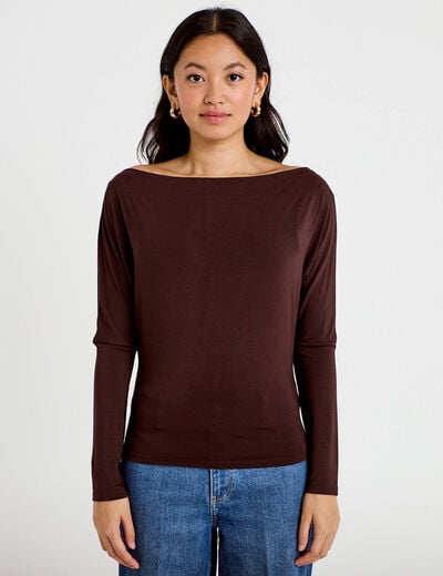 T-shirt col bateau manches longues marron fonc&eacute; femme