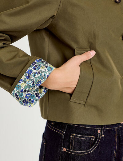 Veste courte boutonn&eacute;e doublure vichy vert kaki femme