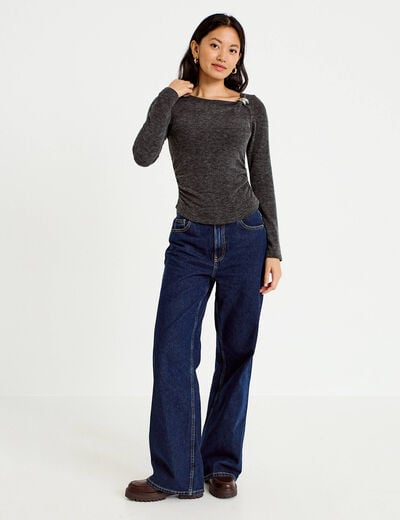 Top cintr&eacute; col bateau manches longues gris fonc&eacute; femme