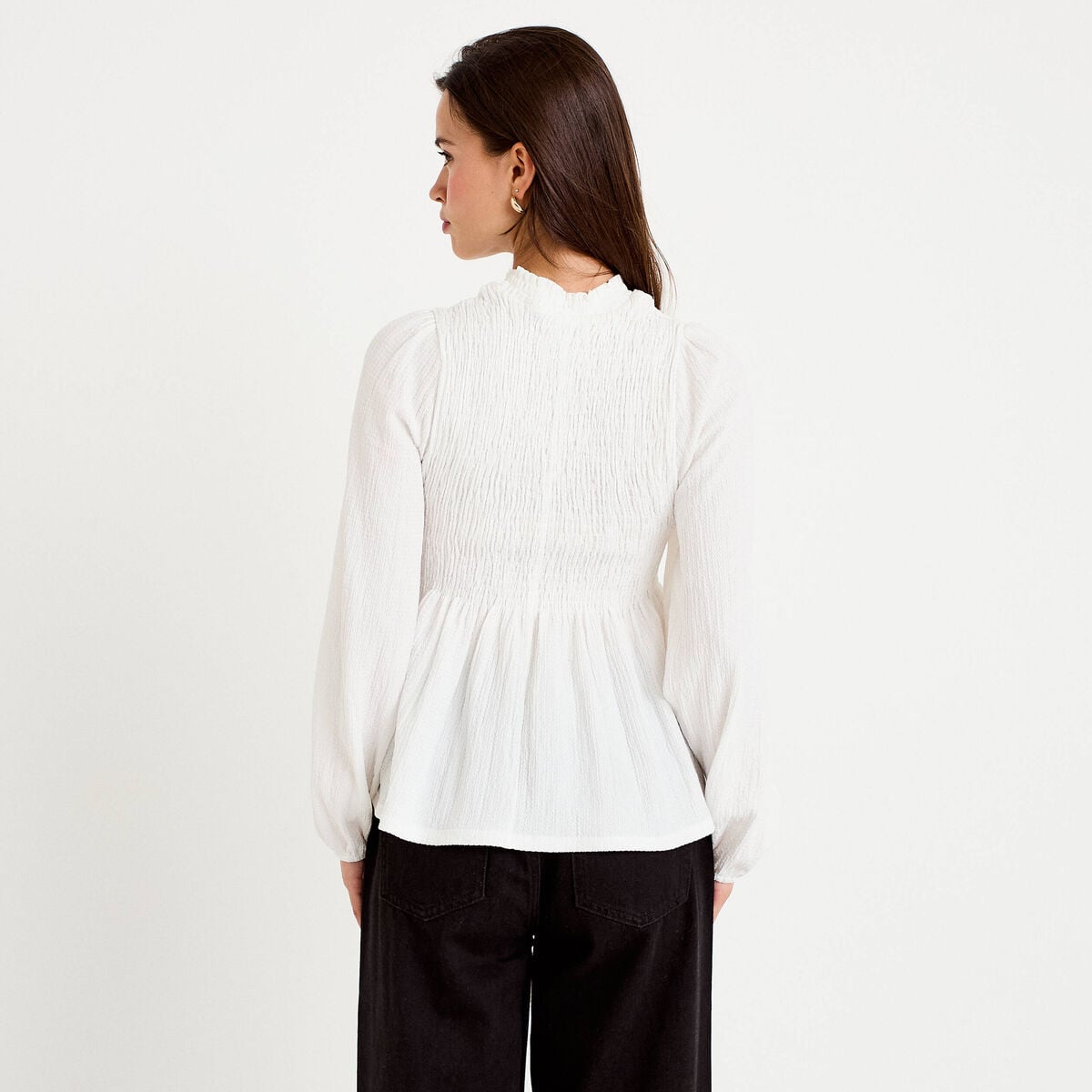 Blouse droite manches longues pliss&eacute;e ecru femme