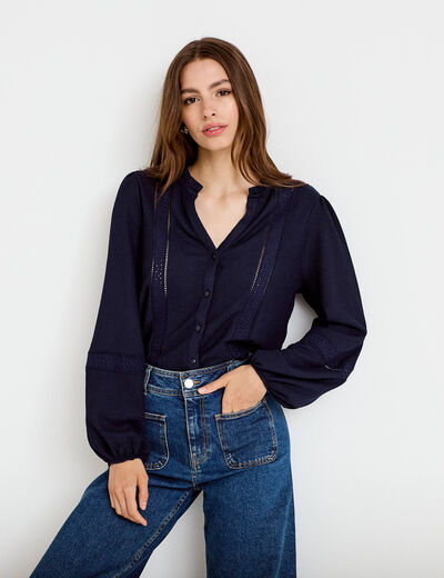 Blouse broderie col V manches longues bleu marine femme