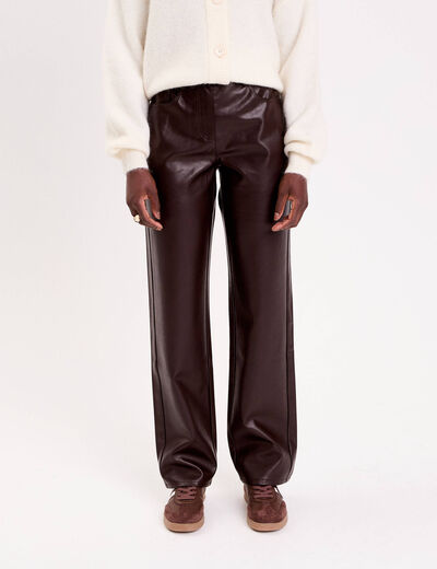 Pantalon large similicuir marron fonc&eacute; femme