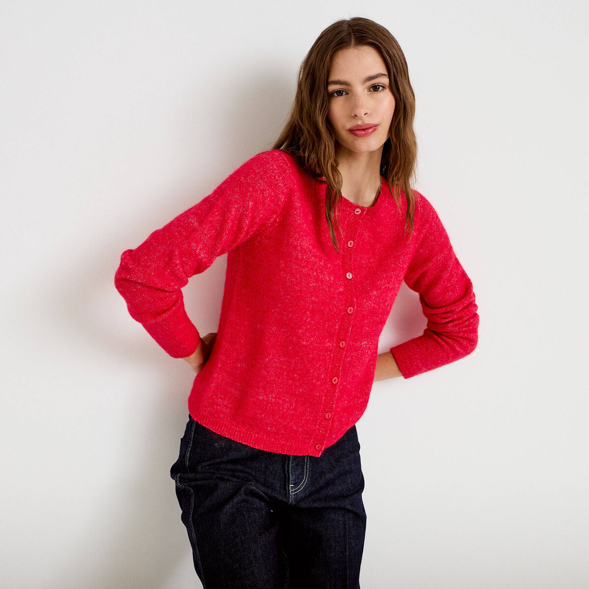 Gilet col rond manches longues rouge femme