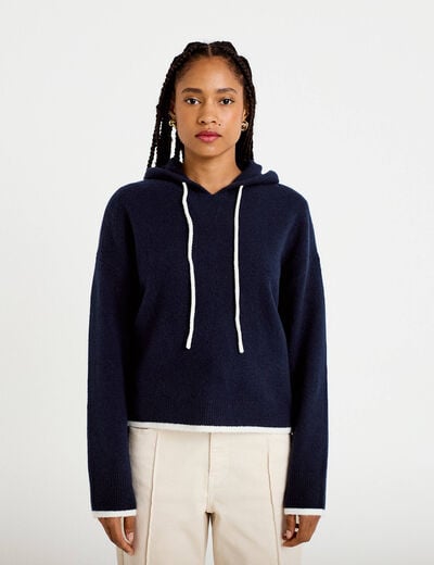 Pull &agrave; capuche bleu marine femme