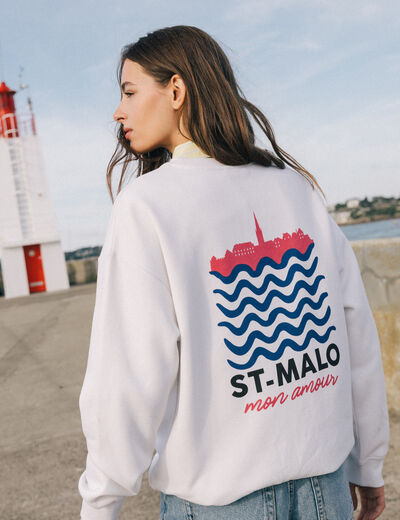 Sweat col rond manches longues ecru femme