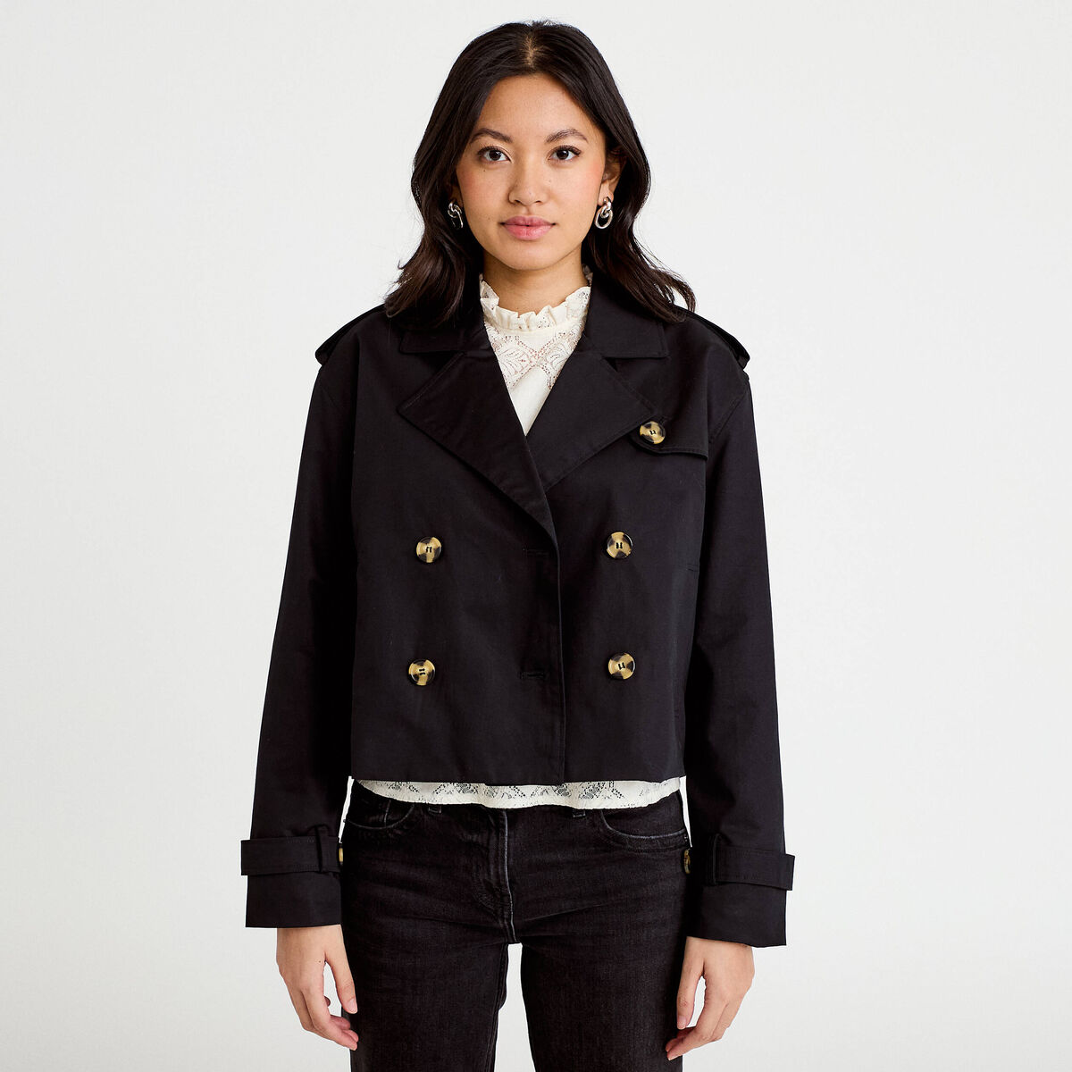 Trench droit court col tailleur noir femme