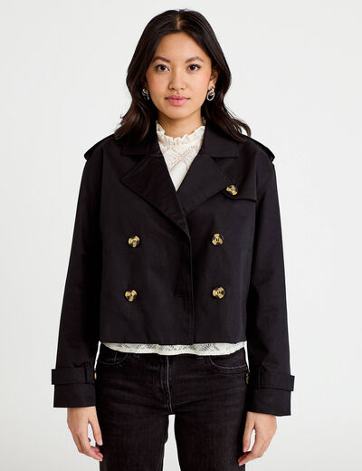 Trench droit court col tailleur noir femme