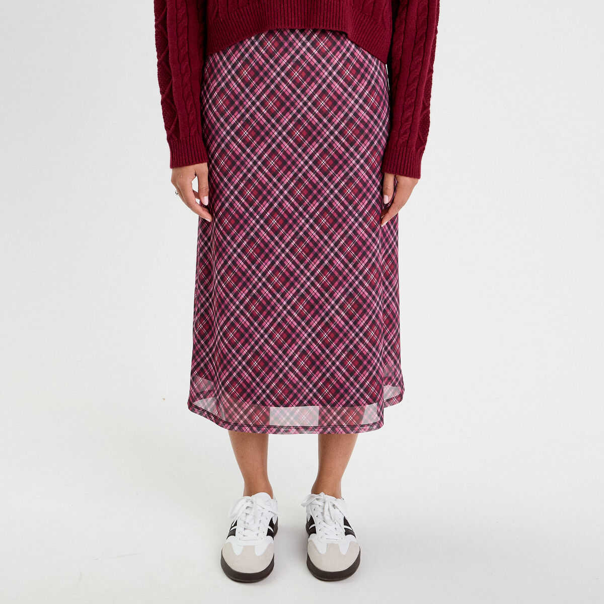 Jupe longue &eacute;vas&eacute;e rouge cerise femme