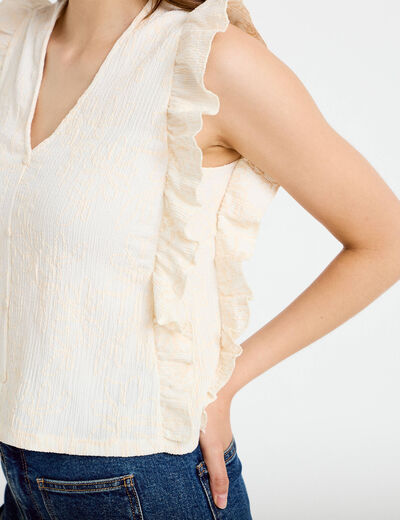 T-shirt sans manches col v brod&eacute; ecru femme