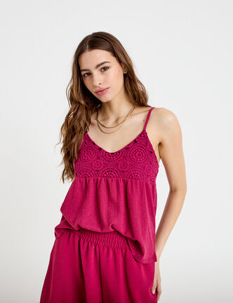 D&eacute;bardeur bi-mati&egrave;re macram&eacute; rouge femme