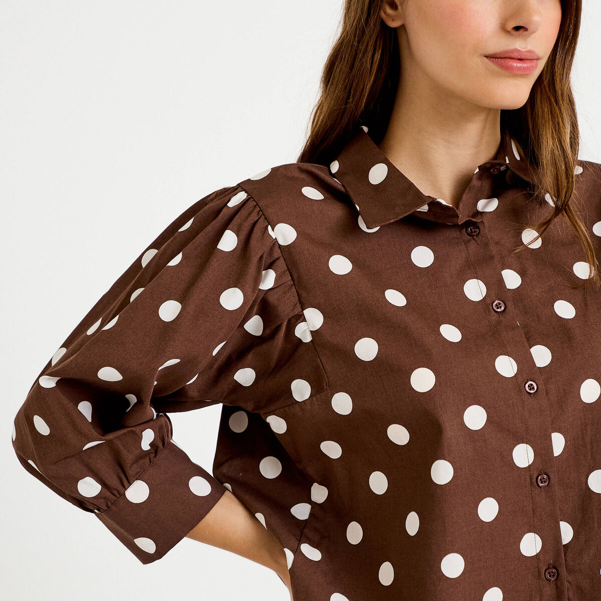 Chemise droite manches longues marron femme