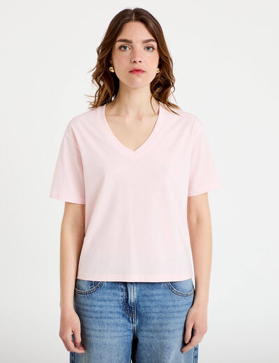T-shirt col v manches courtes rose clair femme