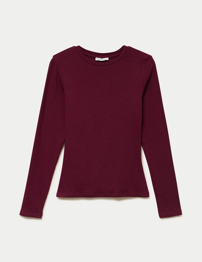T-shirt cintr&eacute; col rond manches longues bordeaux femme