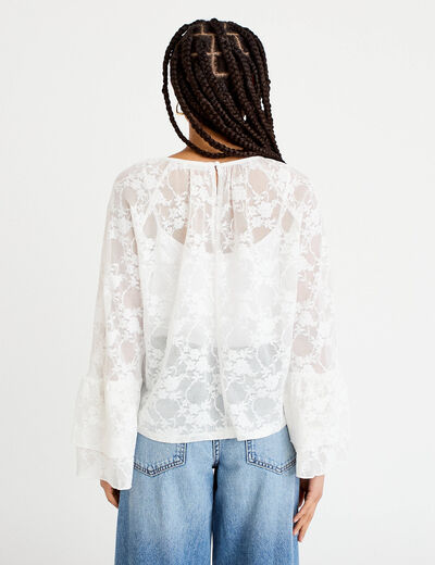 Blouse col rond manches longues dentelle ecru femme