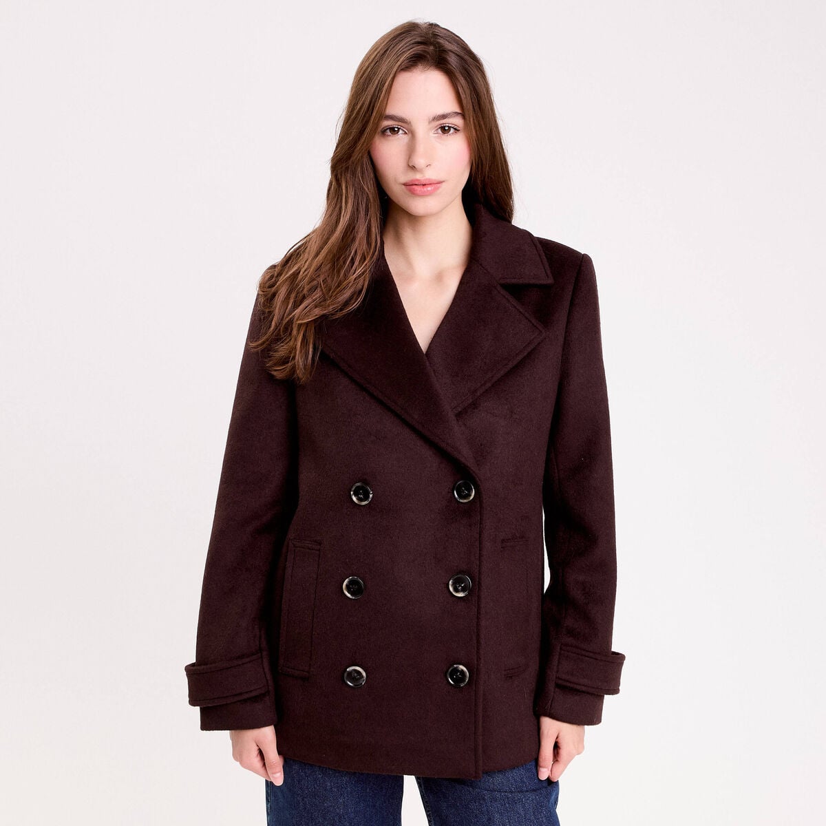 Caban col tailleur manches longues marron fonc&eacute; femme