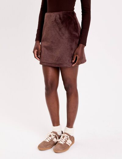 Jupe droite fausse fourrure marron fonc&eacute; femme