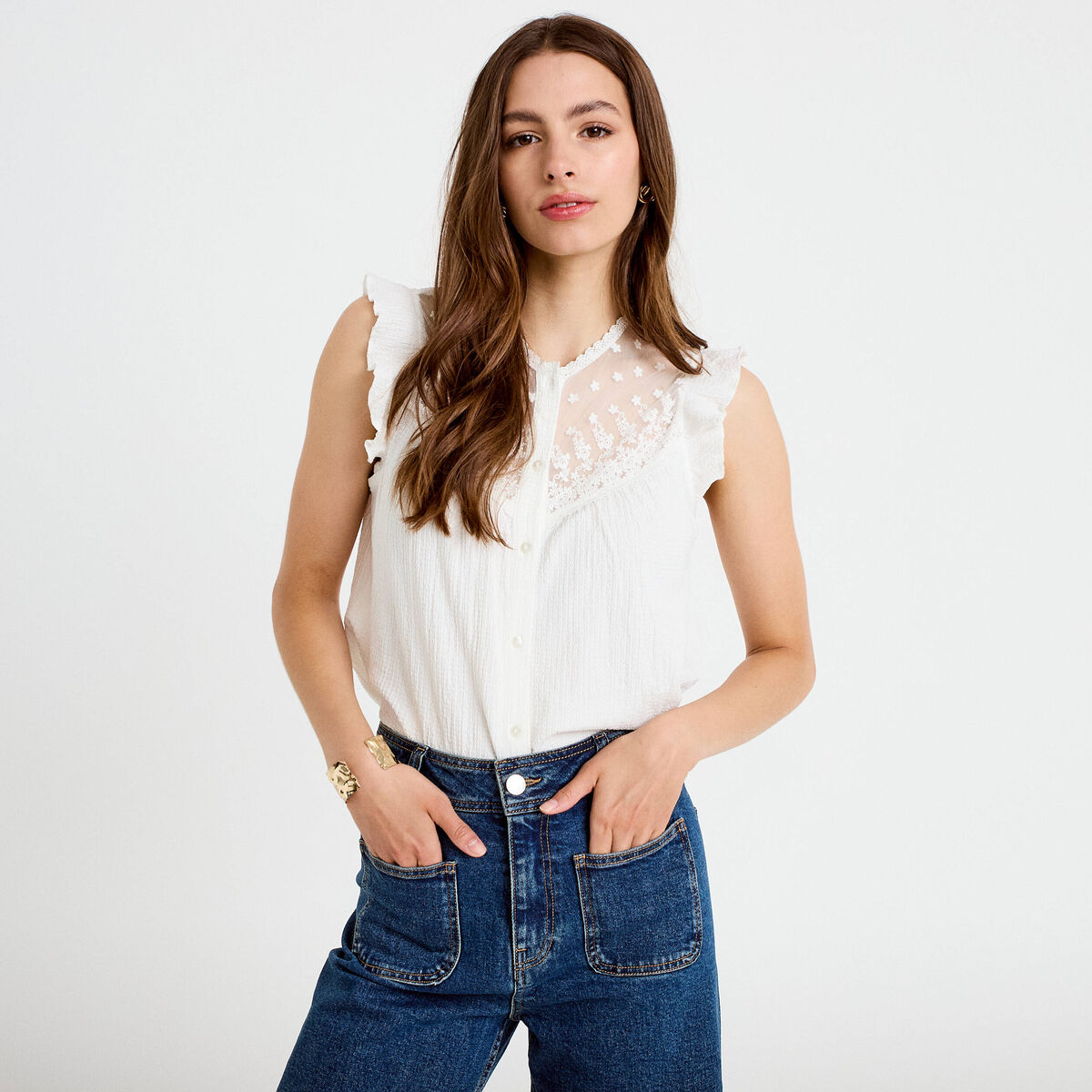 Blouse sans manches col rond ecru femme
