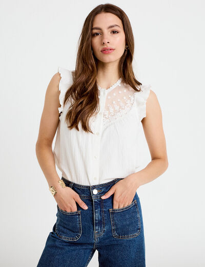 Blouse sans manches col rond ecru femme