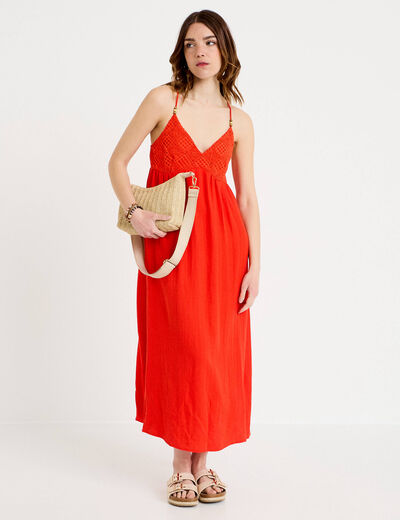 Robe bi-mati&egrave;re col v bretelles fines orange fonc&eacute; femme