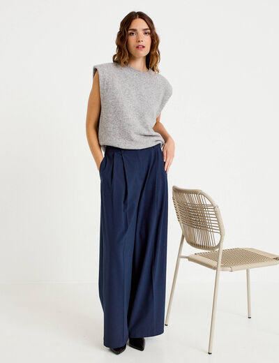 Pantalon large &agrave; pinces bleu marine femme