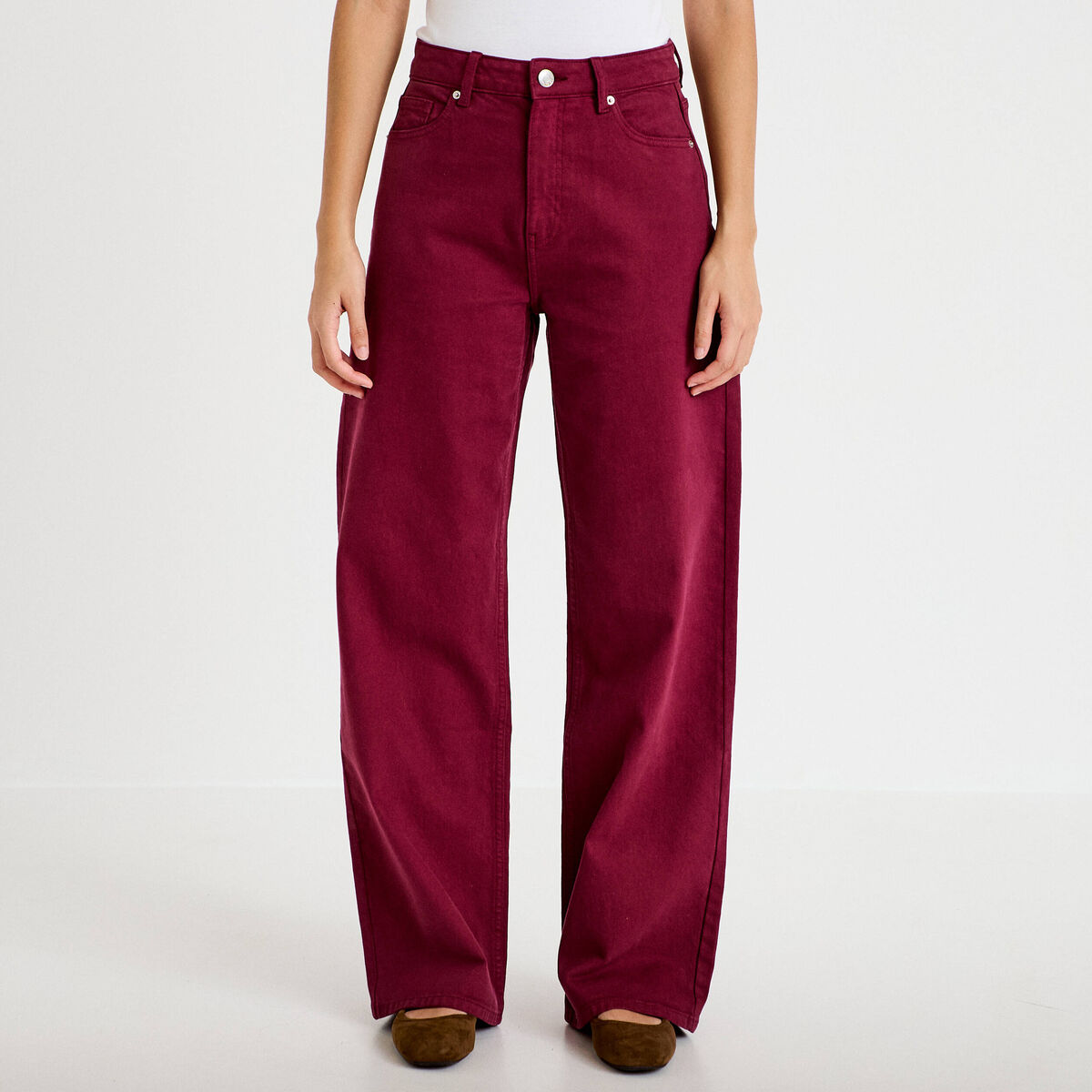 Jean wide leg taille haute bordeaux femme