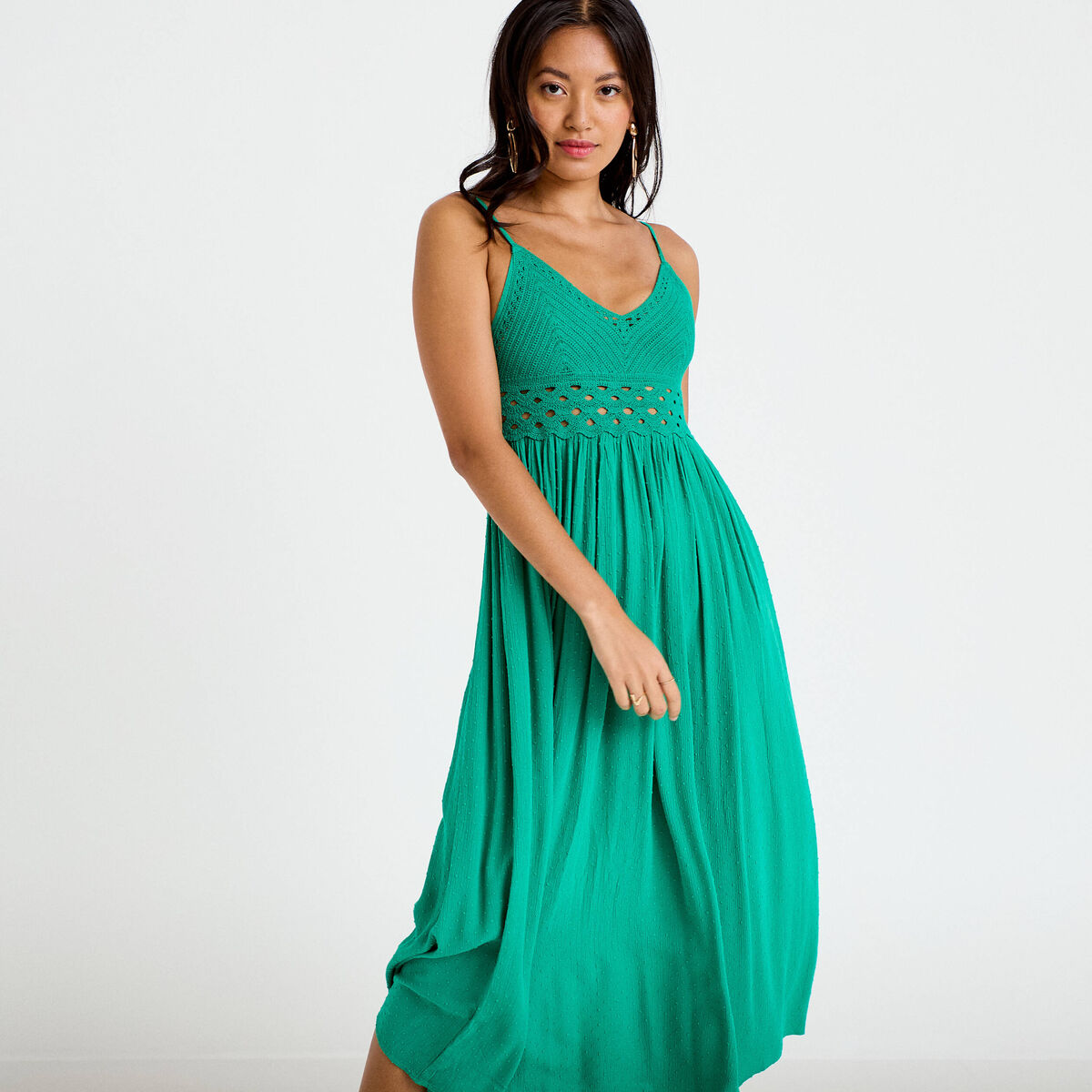 Robe longue bi-mati&egrave;re col v vert femme
