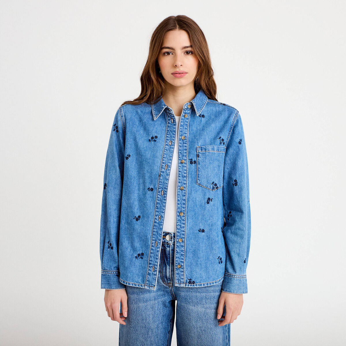 Chemise droite courte manches longues bleu femme