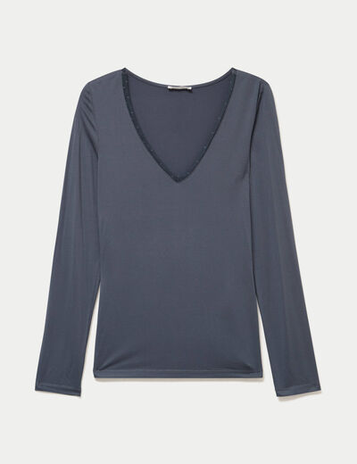 T-shirt thermique col en V plumetis gris femme