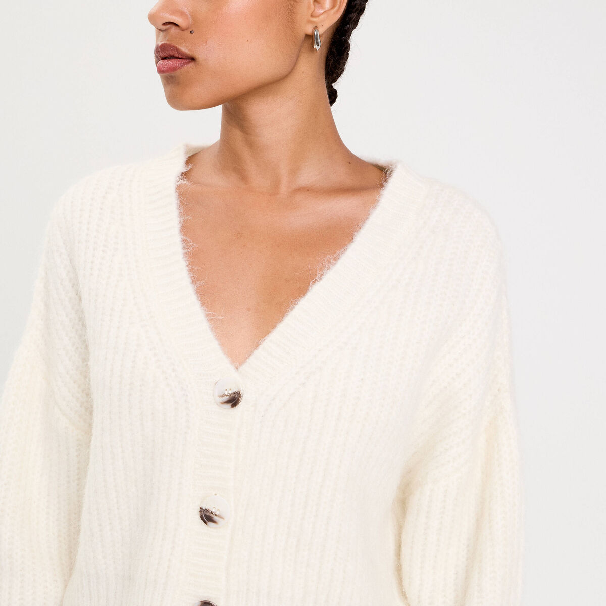 Gilet col v manches longues ecru femme