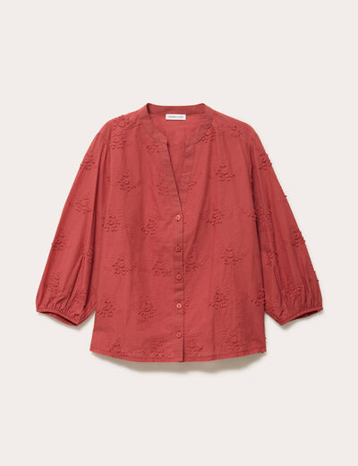 Blouse brod&eacute;e col mao manches 3/4 vieux rose femme