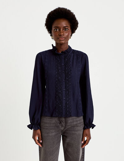 Blouse droite col montant dentelle bleu marine femme