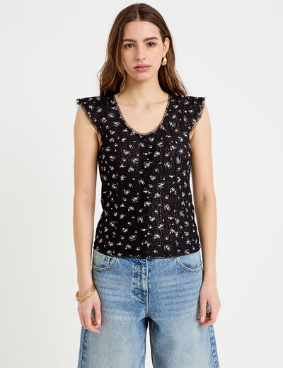 Top boutonn&eacute; d&eacute;tails dentelle noir femme