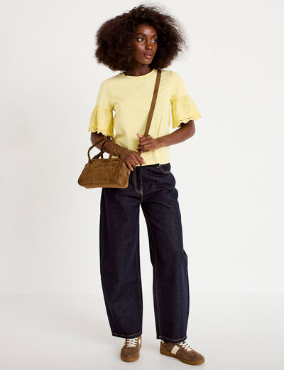 T-shirt broderie manches courtes jaune clair femme