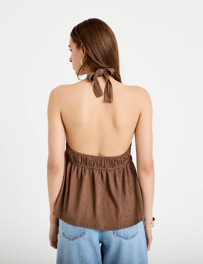 Top d&eacute;collet&eacute; sans manches pliss&eacute; marron fonc&eacute; femme