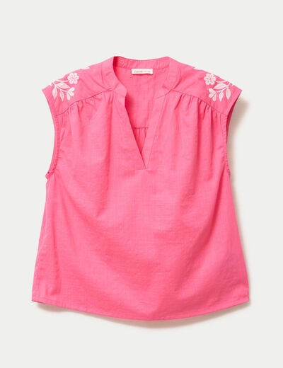 Blouse droite sans manches col v rose fushia femme
