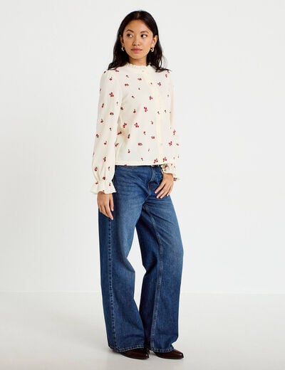 Chemise droite broderie manches longues ecru femme